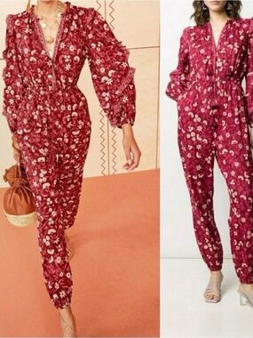 Ulla Johnson Delphine Raspberry Floral Zip-Front Long-Sleeve Jumpsuit